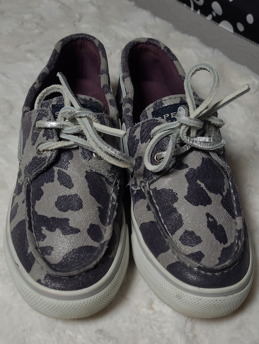 Sperry Leather Animal Print Loafers Boat Shoes Womens Size 6.5 Gray Purple